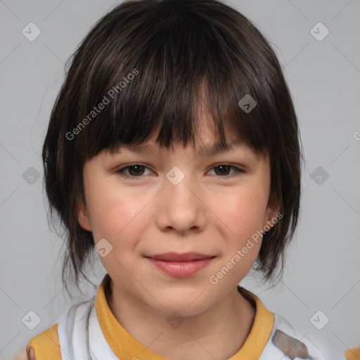 Joyful white child female with medium  brown hair and brown eyes