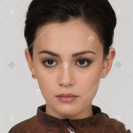 Neutral white young-adult female with short  brown hair and brown eyes