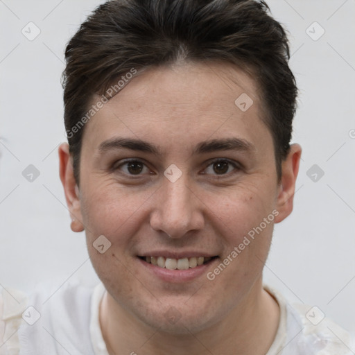 Joyful white young-adult female with short  brown hair and brown eyes