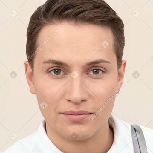 Neutral white young-adult male with short  brown hair and brown eyes