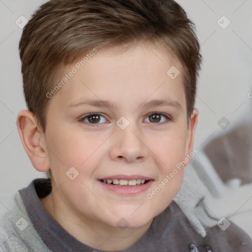 Joyful white child female with short  brown hair and brown eyes