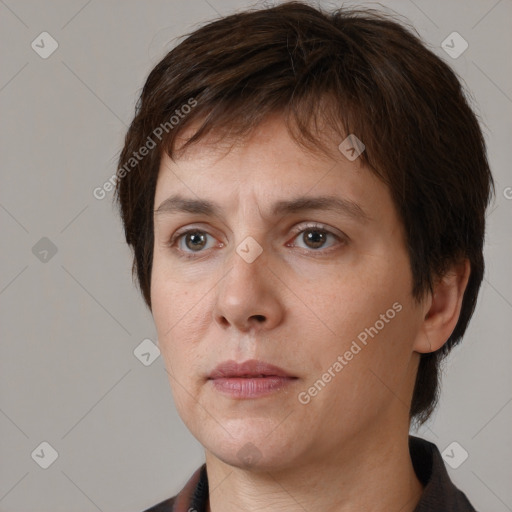 Neutral white young-adult female with short  brown hair and brown eyes