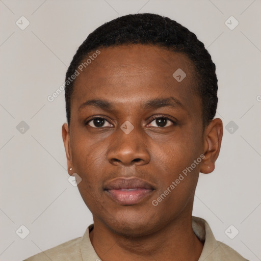 Neutral black young-adult male with short  black hair and brown eyes
