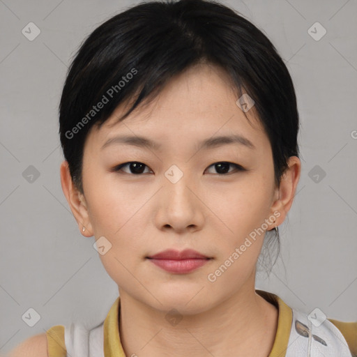 Neutral asian young-adult female with short  black hair and brown eyes