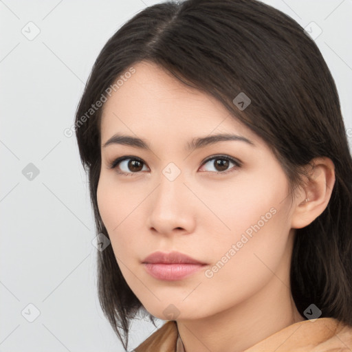 Neutral asian young-adult female with medium  brown hair and brown eyes