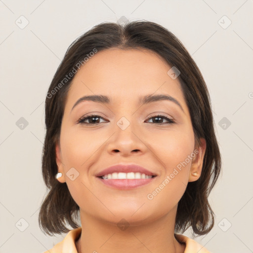 Joyful white young-adult female with medium  brown hair and brown eyes