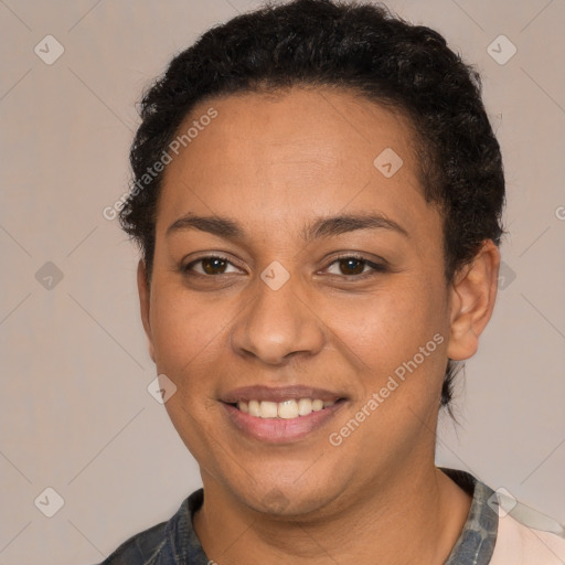 Joyful white adult female with short  brown hair and brown eyes