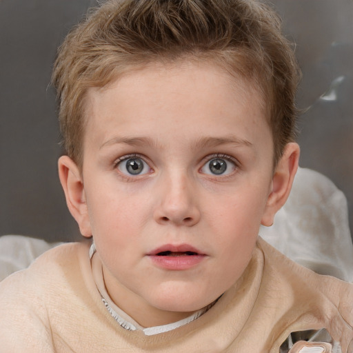 Neutral white child female with short  brown hair and grey eyes