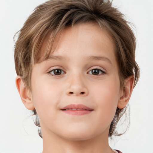 Joyful white child female with medium  brown hair and brown eyes