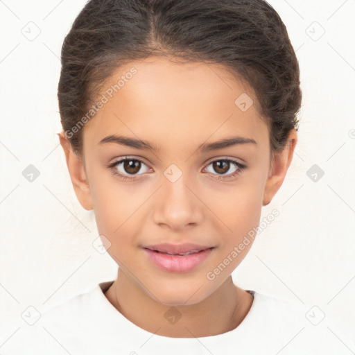 Joyful white child female with short  brown hair and brown eyes