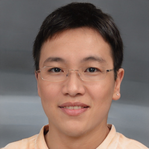 Joyful asian adult male with short  brown hair and brown eyes