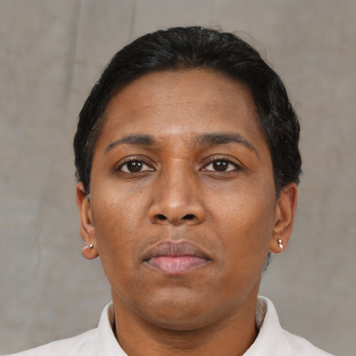 Neutral black adult female with short  black hair and brown eyes