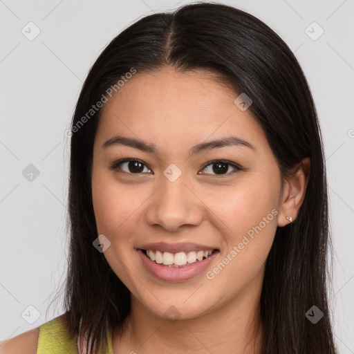 Joyful white young-adult female with long  brown hair and brown eyes