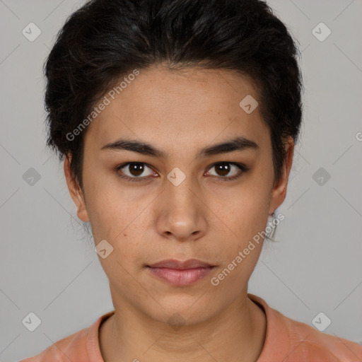 Neutral latino young-adult female with short  brown hair and brown eyes