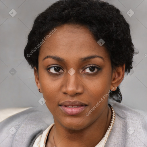 Neutral black young-adult female with short  black hair and brown eyes