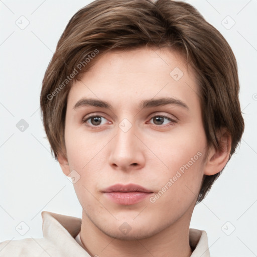 Neutral white young-adult male with short  brown hair and brown eyes