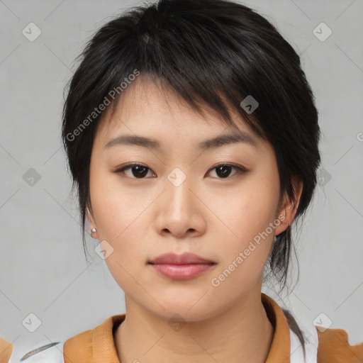 Neutral asian young-adult female with medium  brown hair and brown eyes