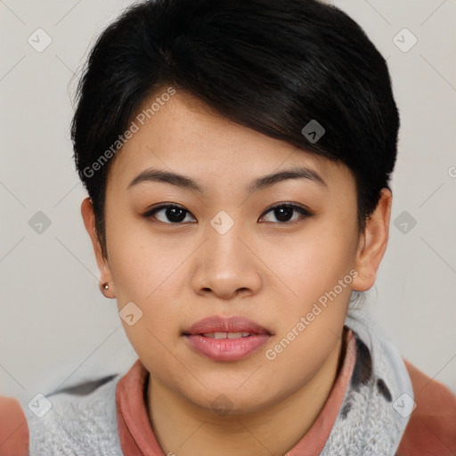 Neutral asian young-adult female with short  black hair and brown eyes