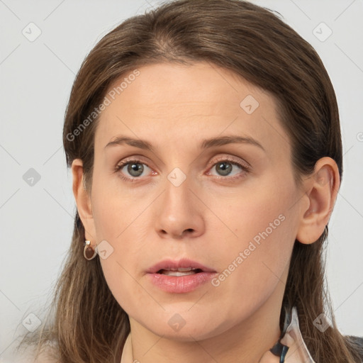 Neutral white young-adult female with long  brown hair and grey eyes