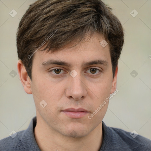 Neutral white young-adult male with short  brown hair and grey eyes