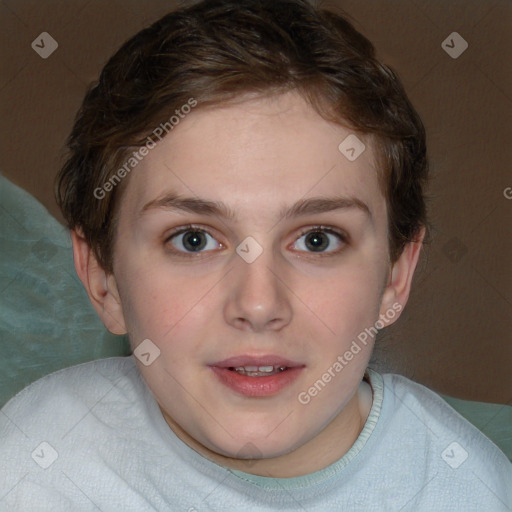 Joyful white child female with short  brown hair and brown eyes