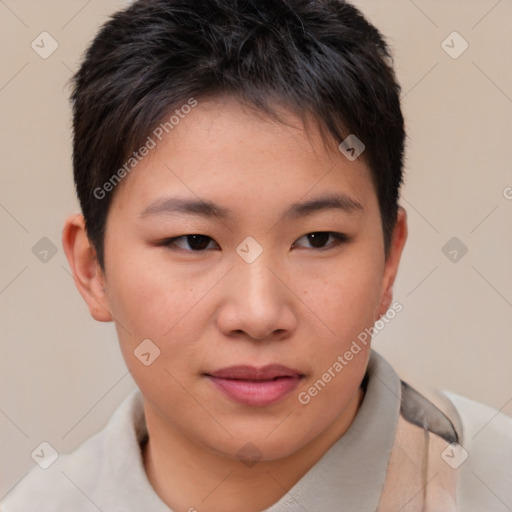 Joyful asian young-adult female with short  brown hair and brown eyes