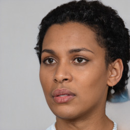 Neutral black young-adult female with short  black hair and brown eyes