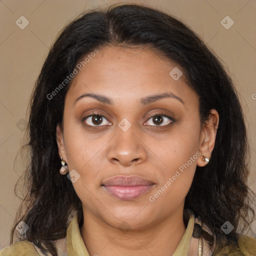 Joyful latino young-adult female with medium  brown hair and brown eyes