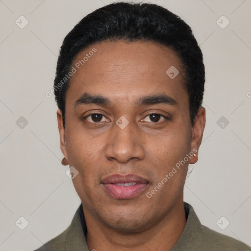 Neutral latino young-adult male with short  black hair and brown eyes
