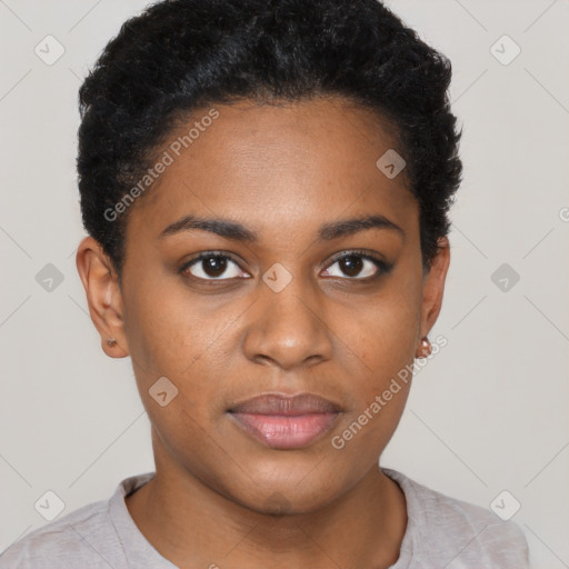 Joyful black young-adult female with short  black hair and brown eyes