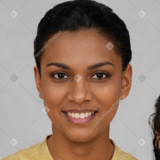 Joyful latino young-adult female with short  black hair and brown eyes