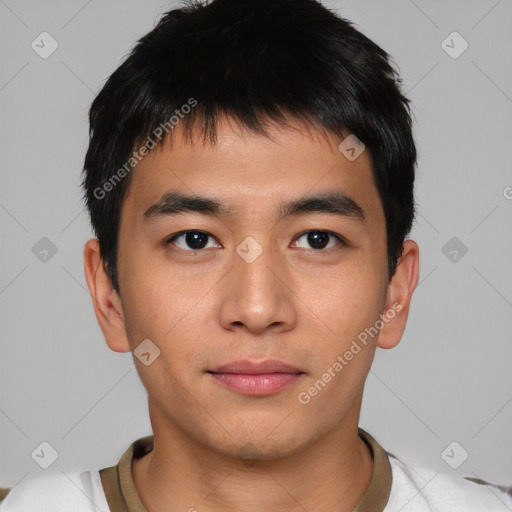 Neutral asian young-adult male with short  black hair and brown eyes