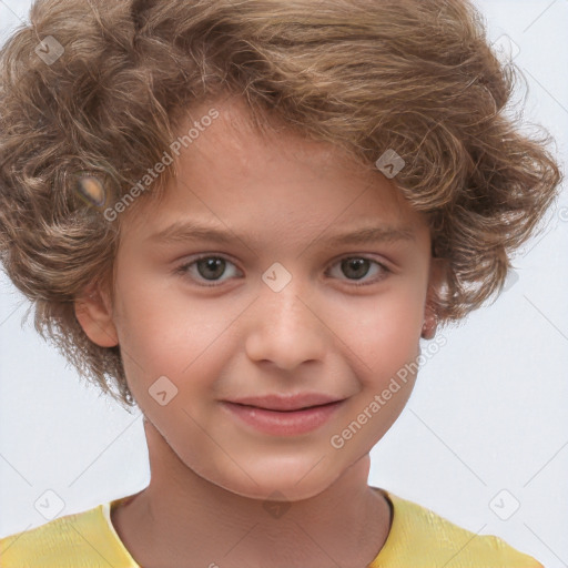 Joyful white child female with short  brown hair and brown eyes