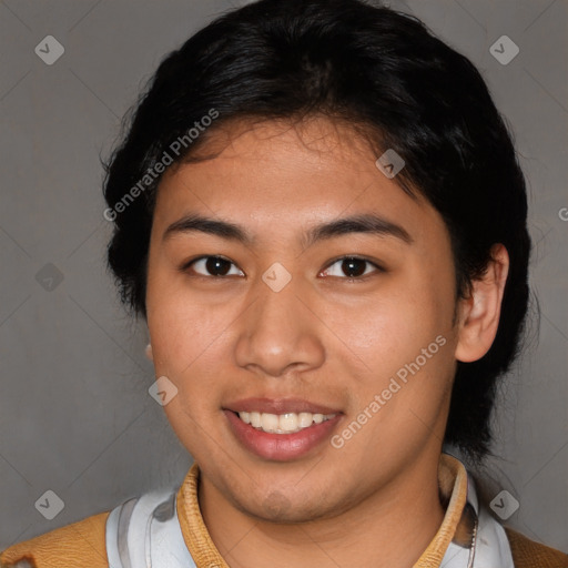 Joyful latino young-adult female with short  brown hair and brown eyes