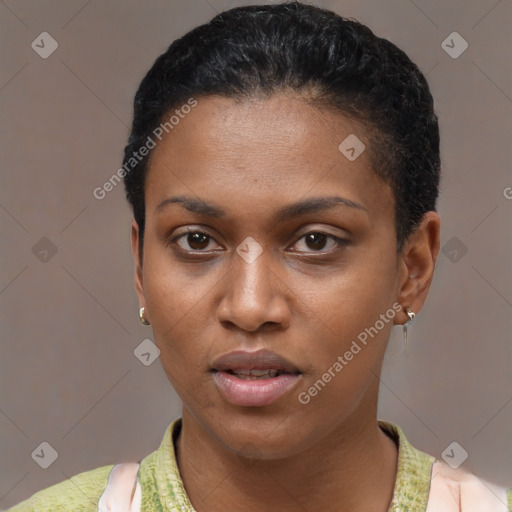 Neutral black young-adult female with short  black hair and brown eyes