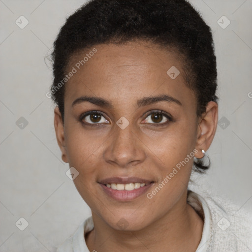 Joyful white young-adult female with short  brown hair and brown eyes