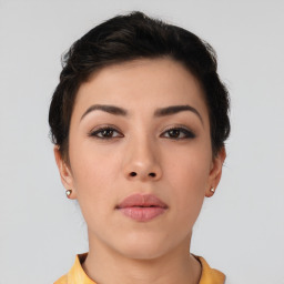 Neutral asian young-adult female with short  brown hair and brown eyes