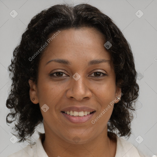 Joyful black adult female with medium  brown hair and brown eyes