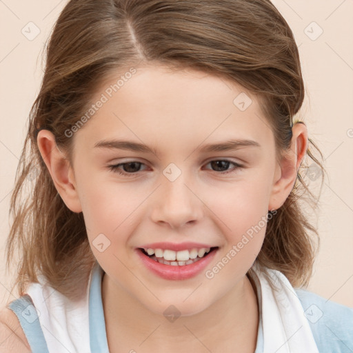 Joyful white child female with medium  brown hair and brown eyes