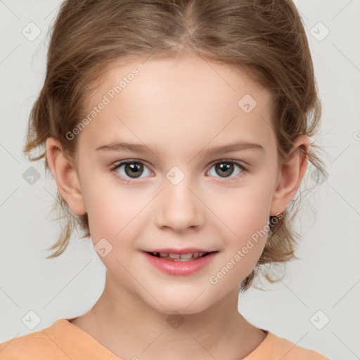 Joyful white child female with medium  brown hair and brown eyes