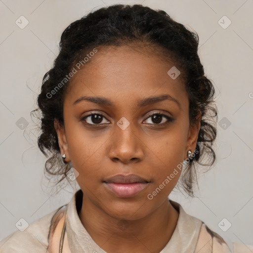 Neutral black young-adult female with medium  brown hair and brown eyes