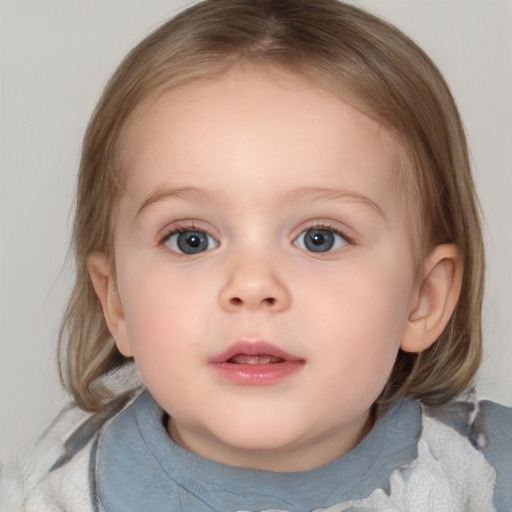 Neutral white child female with medium  brown hair and blue eyes