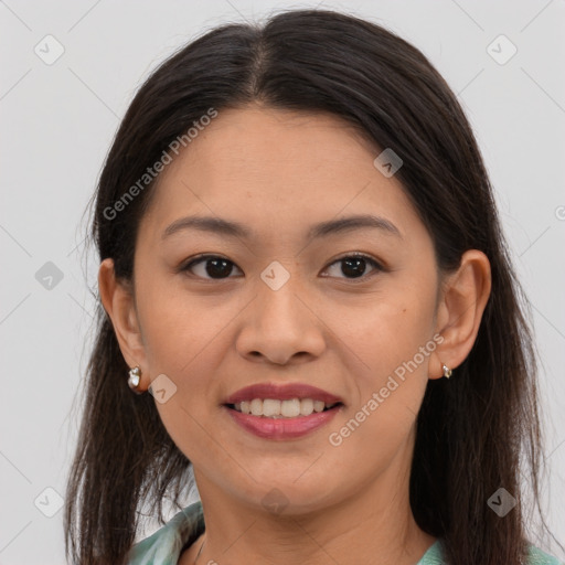 Joyful white young-adult female with medium  brown hair and brown eyes