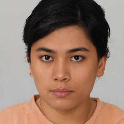 Neutral asian young-adult female with short  black hair and brown eyes