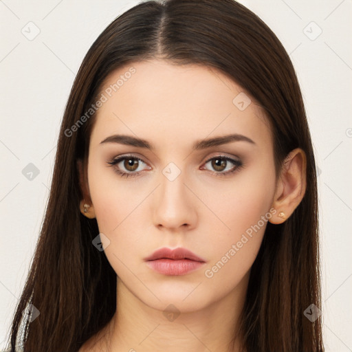 Neutral white young-adult female with long  brown hair and brown eyes