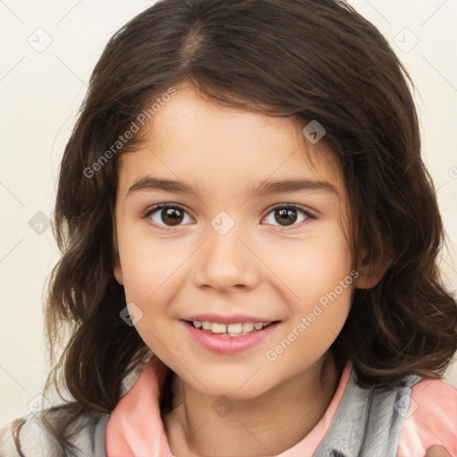 Joyful white child female with medium  brown hair and brown eyes