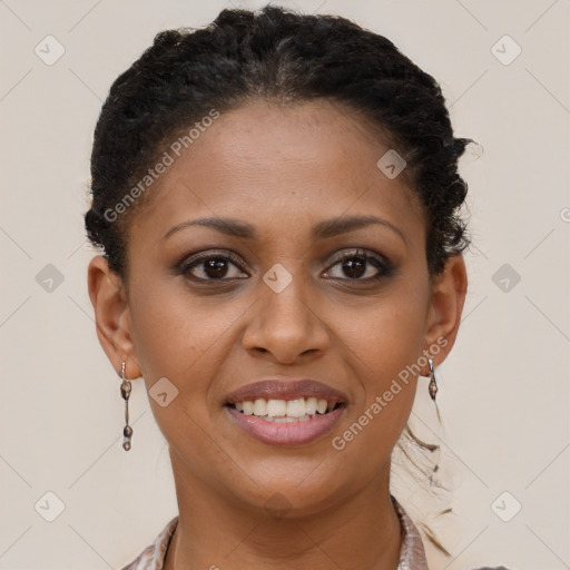 Joyful black young-adult female with short  brown hair and brown eyes