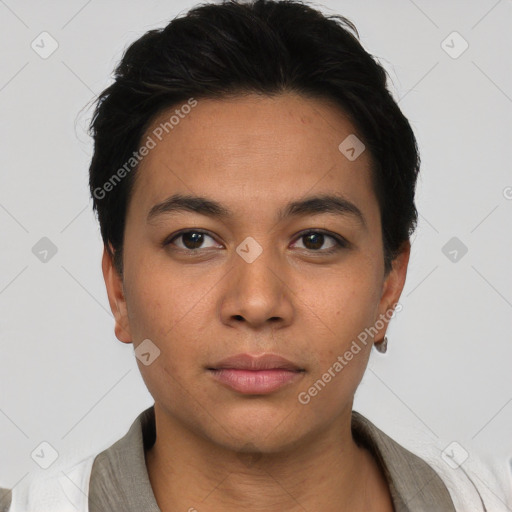 Neutral asian young-adult female with short  black hair and brown eyes