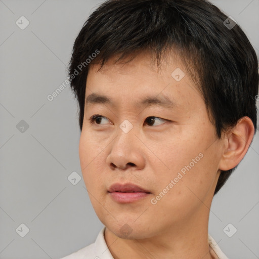 Neutral asian young-adult male with short  black hair and brown eyes