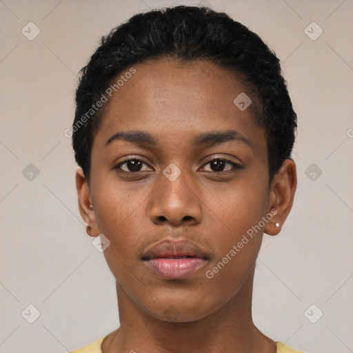 Neutral black young-adult female with short  black hair and brown eyes